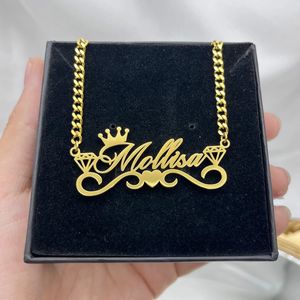 Pendant Necklaces Custom Name Necklace with Crown Personalized Cuban Chain Necklace Stainless Steel Nameplate Necklace for Women Gift 231023