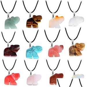 Pendant Necklaces Natural Stone Hand Carved Elephant Crystal Agate Animal Jade Small Necklace Chain Drop Delivery Jewelry Pendants Dhzy2