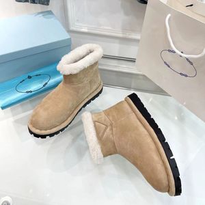 Triangle logo Shearling booties sheepskin Suede Snow Ankle boots Fur on leather flats Slip-on Women's fashion winter shoes Round toe luxury designer factory footwear