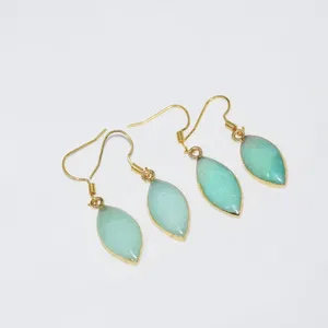 Dangle Earrings Gold Plated Bezel Natural Green Chrysoprase Stone Drop Women Long Gem Earings Fashion Jewelry