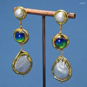 Dangle Earrings Natural White Keshi Coin Pearl Gold Color Plated Blue Murano Glass Stud For Women