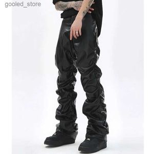 Calças masculinas Hip Hop Mens Plissado Pu Calças De Couro Harajuku Retro Streetwear Solto Ruched Calças Casuais Retas Cor Sólida Calças Pretas Q231023