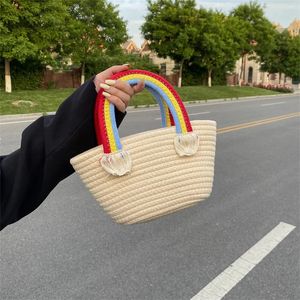 Evening Bags Cute rainbow portable small bag women's handmade cotton straw leisure seaside holiday beach 231023