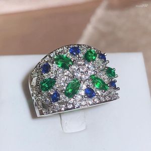 Cluster Rings Luxury Full Diamond 925 Silver Plated Women's Ring Set Green Zircon Party Jewelry Wedding High-quality