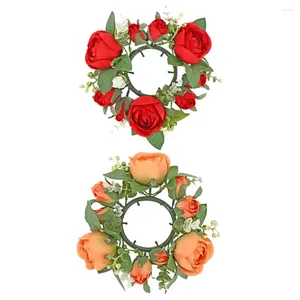 Titulares de velas 2 pcs grinalda artificial rosa anel festa de casamento decoração flores anéis florais pilares mesa de inverno peça central