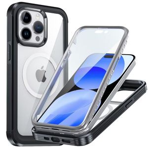 Ganzkörper-militärischer, sturzsicherer, robuster, integrierter 9H-Displayschutz aus gehärtetem Glas, magnetisch, für Magsafe Wireless Charge Cases, stoßfeste Abdeckung für iPhone 15 Pro Max