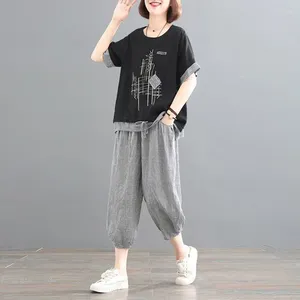 女性用Tシャツコットンリネンセット韓国スタイルのビンテージパッチワークルーズTシャツと格子縞のカプリパンツカジュアル2ピースセット夏のトレンド