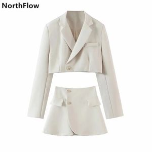 Kvinnors tvåbitar byxor Northflow matchande set blazer och kjol England stil navel exponerad kort imperium feminino femme 231023