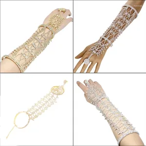 Bangle Women For Rhinestone Tassels Arm Cuff Armlet Armband och Ring Wedding Bride Leaves frans smycken Handkedjan Belly Dance