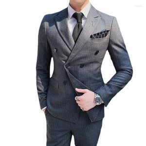 Men's Suits 7XL ( Blazer Vest Pants ) High-end Brand Striped Business Mens Double-breasted Suit Groom Banquet Performance Dress Stage