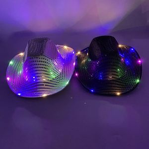 Breda Brim Hatts Bucket Hats Fashion Decor Cowboy Hat Dance Party Dekorera lysande LED Cowboy Cowgirl Hat blinkar för Carnival Party 231021