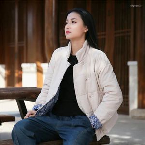 Feminino para baixo johnature estilo chinês suporte parkas botão de cor sólida algodão linho casacos 2023 inverno vintage roupas femininas casuais