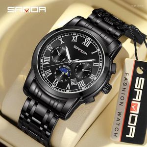 Wristwatches 2023 SANDA Selling Steel Band Calendar Men's Watch With Three Eyes Six Needles Multifunctional Fully Automatic Mechanical