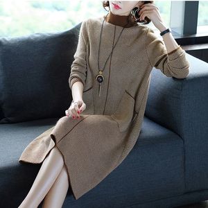 Women's Sweaters Winter Houndstooth Loose Knitted Turtleneck Sweater Dresses Autumn Casual Elegant Bodycon Women 3XL Wool Sweaters 231023