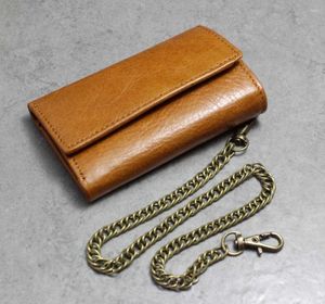 Wallets Genuine Vintage Brown Leather Key Case Wallet With A Chain Mens Biker