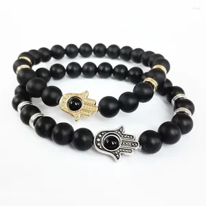 Charme Pulseiras Hamsa Mão Encantos Pulseira Yoga Mala Natureza 8mm Preto Matte Onyx Energy Stone Beads