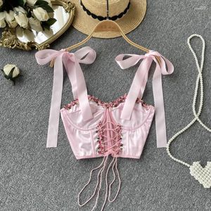 Kvinnors tankar Kvinnors sexiga satin Camis Sweet Floral Bow Strap Crop Top Mesh Ribbons ärmlös rygglös Tank Topps Kvinnliga snörningskorsar