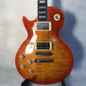 Yüksek kaliteli yeni LP elektro gitar, güneş üst yüzey, kaplan akçaağaç kaplama krom aksesuarları, maun. Sol el gitarlarında ücretsiz gönderim