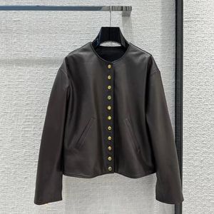 Women's Leather Top Quality Sheepskin Short Design Coat Women Dark Brown O-neck Long Sleeve Zipper Gold Button Streetwear Jacket