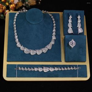 Necklace Earrings Set 4pcs Dubai African Silver Color Elegant Cubic Zirconia Bridal Wedding Banquet Jewelry For Women Birthday Party