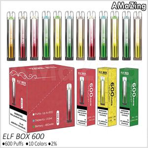 Elf Box 600 Puffs Электронные сигареты 2 мг Сетчатая катушка Одноразовая ручка для вейпа 10 цветов Испарители 2 мл Картриджи для капсул Аккумулятор 450 мАч