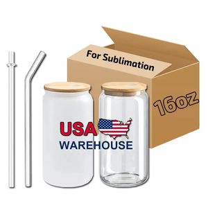 DHL SHIP 16oz Sublimation Glass Mugs With Bamboo Lid 50pcs/Carton Clear Frosted Coffee Tea Juice Soda Cups