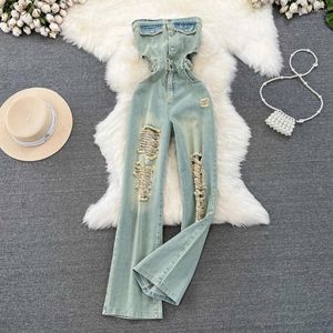 Dżinsowe dżinsy Decolleletage Summer American Retro Casual High-Borple Pants Chude Risped Denim Wide-Leg