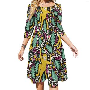 Casual Dresses Funny Monkey Dress Floral Print Festival Summer Sexig Square Collar Street Style Mönster Big Size 4XL 5XL