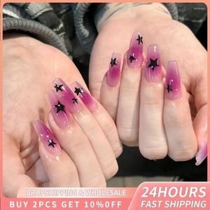 False Nails 24st Purple Fake Long Coffin Sweet Cool In Style Nail Art Black Star Design Press On Tips Full Cover Färdig