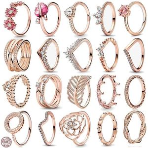 Cluster Rings S925 Sterling Silver Classic Rose Gold Magnolia Flower Ring Fits Designing Original Fashion Style DIY utsökta smycken