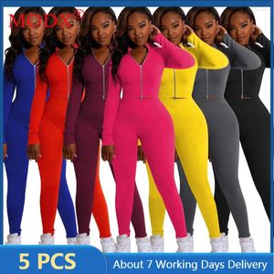 Calças femininas de duas peças 5pcs itens a granel atacado lotes zíper de duas peças cor manga comprida cardigan top pé pequeno casual lounge wear m10834