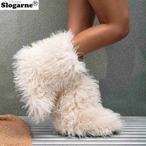 Zimowe puszyste damskie buty sztuczna wełna kobieta pluszowe ciepłe buty śnieżne obuwie dziewczyny futrzane futra botty moda t231023 AC36