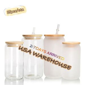 USA CA Warehouse 16 unz Sublimation Frosted Clear Beer wielokrotnego użytku do podwójnego szklanego szklanego szklanego szklanego butelki z bambusa pokrywka 10.23