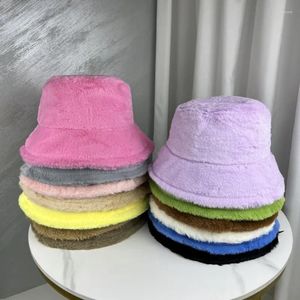 Berets Solid Color Imitation Hair Bucket Hat Korean Men's And Women's Autumn Winter Outdoor Warm Plush Panama Bob Hats