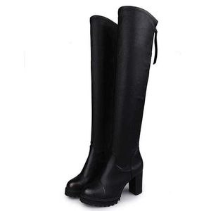 Neue Herbst Winter Damen Pu-Leder Overknee Stiefel Reißverschluss hinten Dicker Absatz Plateau Oberschenkel Damenmode Schuh Schwarz 230922