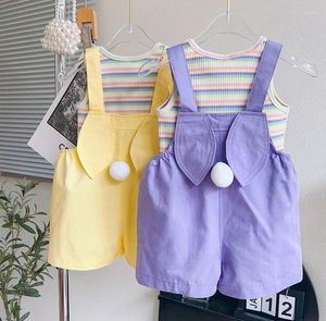 Kläder sätter detaljhandeln 2023 Baby Girls Summer Cute Rands T-shirt Suspender Pants Princess Sweet Suits 2-7T