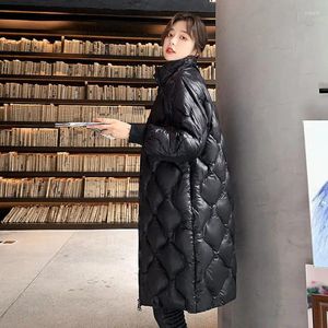 Parka feminina para baixo gola longa inverno coreano rosto brilhante sobre o joelho casaco puffer jaqueta