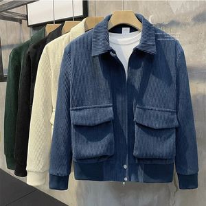 Herrenjacken Herren Cord Koreanische Jacke Mode Lässig Revers Reißverschlusstasche Streetwear Mantel Luxuskleidung Mäntel Frühling und Herbst 231021