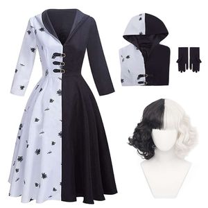 Cosplay de vil costume kvinnor barn cruella kostymer svart vit hoodie klänning gratis handskar peruk kostym halloween festkläder