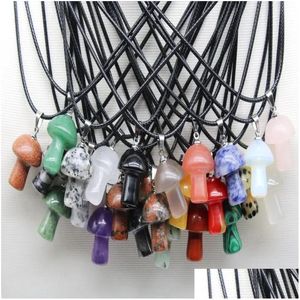 Pendant Necklaces Mini Mushroom Natural Stone Carving Reiki Healing Crystals Rose Quartz Rope Necklace For Women Jewelry Wholesale D Dhpug