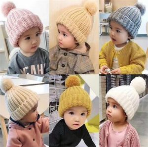 Cute Baby Knitted Hat Fashion Kids Warm Winter Soft Fur Pom Ball Caps Candy Color Crochet Beanie Cap DC668