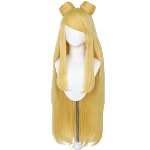 LOL OCEAN SONG SERAPHINE COSPLAY WIG BUNS LOL 100cm 긴 직선 금발 골든 헤어 게임 할로윈 역할 연극 의상 의상