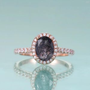 Cluster Rings GEM'S BALLET 6X8mm Oval Natural Black Rutilated Quartz Gemstone Wedding Engagement Ring In 925 Sterling Silver Gift For Her