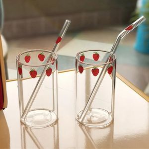 Mugs Ins Kawaii Style Strawberry Glasses Cup Coffee Milk Water Glass Cups with Straws Clear Cute Juice Gifts for Girl Lady Set 231023