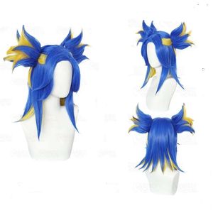 Jeu Valorant néon Cosplay court bleu mélange blond avec 2 clips queues de cheval perruque jeu de rôle perruques Halloween Costume pour les femmes