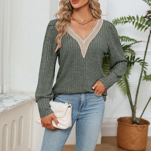 Magliette da donna Abbigliamento Autunno Inverno Moda Patchwork di pizzo cavo T-shirt eleganti a coste Casual Manica lunga con scollo a V Pullover allentato Top