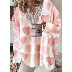 Women's Sweaters Fashion Sweaters Women Autumn Winter Lace V Neck Patchwork Heart Print Knit Jumper Long Sleeve Loose Pullovers Oversize 231023