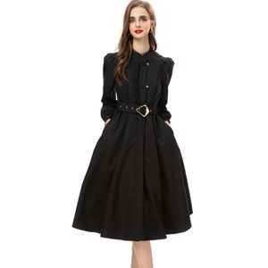 Women's Runway Dresses Stand Piping Collar Long Sleeves Mid Vestidos with Belt