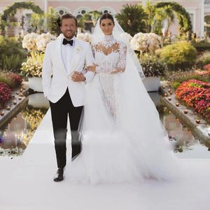 Romantico collo alto in pizzo sirena abiti da sposa buco della serratura sul retro gonna over-skirt donna abito da sposa treno staccabile Robe De Mariee