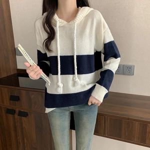 Women's Hoodies 6020 Winter Fall Fashion Vintage Striped Hoodie Sweater Youth Teens Female 4XL Oversized Loose Casual Knitting Pullovers